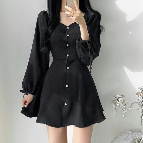 Dark Blue Dress Short Casual, Black Outfit Kpop, Dark Romantic Outfit, Moda Ulzzang, Vetements Clothing, Korean Outfit Street Styles, Korean Casual Outfits, Mode Kpop, Korean Fashion Dress