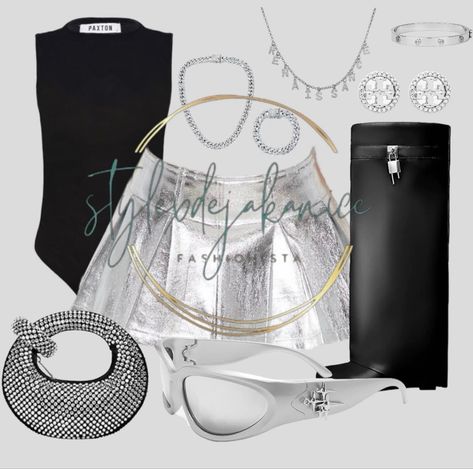 Black And Silver Outfits Black Women, Sliver Outfit Ideas Black Women, Knee High Boots Birthday Outfit, Black White And Silver Outfits, Silver Birthday Outfit Black Women, Birthday Outfit Silver, Metallic Outfits Black Women, Metallic Silver Boots Outfit, Silver Knee High Boots Outfit