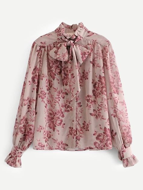 Tie Neck Calico Print Blouse -SHEIN(SHEINSIDE) Womens Fall Coats, Fall Fashion Coats, Spring Blouses, Fashion Tops Blouse, Chiffon Fashion, 70's Fashion, Chiffon Shirt, Chiffon Blouse, Print Blouse