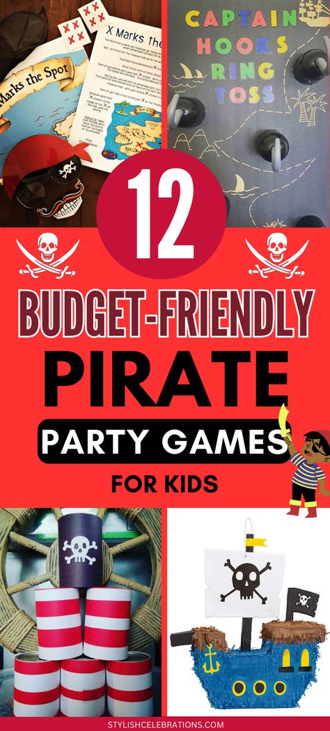12 Budget-Friendly Pirate Party Game Ideas for Kids Pirate Party Games Activities, Pirate Minute To Win It Games, Pirate Theme Party Games, Food For Pirate Party, Pirate Themed Games For Kids, Pirate Party Treasure Hunt, Pirate Birthday Decorations, Pirate Birthday Food, Pirate Party Ideas For Kids