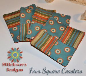 Four Square Coasters Sewing Pattern Free Tutorial! Easy to Make! Great shower, housewarming or party gift! Patchwork, Upcycling, Coasters Sewing, Coaster Sewing, Coasters Pattern, Sewing Pattern Free, Coaster Tutorial, Mug Rug Tutorial, Holiday Hand Towels