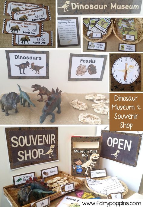 Dinosaur Museum and Souvenir Shop dramatic play printables ~ Fairy Poppins Museum Role Play Area, Fairy Poppins, Dinosaur Unit Study, Dinosaur Classroom, Play Printables, Dinosaur Activities Preschool, Dramatic Play Printables, Dinosaur Museum, Dinosaur Dig