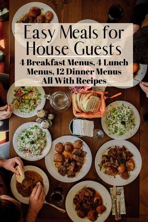 4 breakfast menus, 4 lunch menus, and 12 dinner menus all with recipes. This is a great resource to make entertaining house guests easy! Meals For House Guests, Dinner Guests Recipes, Entertaining Food Dinner, Easy Entertaining Dinner, Entertaining Dinner, House Guests, Dinner Party Menu, Cooking For A Crowd, Dinner Guest