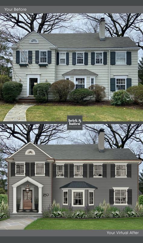 The 9 Best Gray Exterior Paint Colors of 2021 | brick&batten Benjamin Moore Gray Exterior House Paint, Light Gray Brick House Exterior, Grey Painted Brick House Exterior, Gray House Black Shutters, Grey Exterior House Colors With Brick, Best Gray Exterior Paint Colors, Gray Brick House Exterior, Gray Exterior Paint Colors, Light Gray House