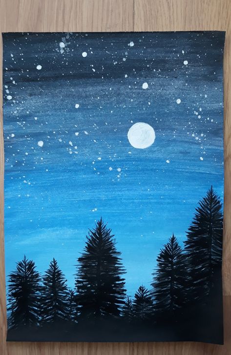 Acrylic painting of the night sky above the forest. Painting Stars Acrylic Night Skies, Night Canvas Painting Moonlight, Midnight Acrylic Painting, Drawing Of Night Sky, Night Easy Paintings, Forest Night Sky Painting, Night Time Tree Painting, Night Sky With Trees Painting, Acrylic Painting Night Sky Moonlight