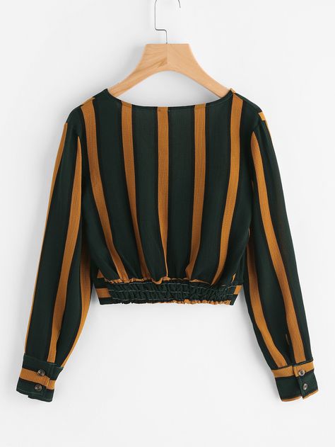 V Neckline Striped Surplice Crop Top -SheIn(Sheinside) Crop Top Outfits, Upcycling, Fancy Tops, Fashion Tops Blouse, Trendy Fashion Tops, Stylish Dresses For Girls, Fashion Attire, Stylish Tops, 여자 패션