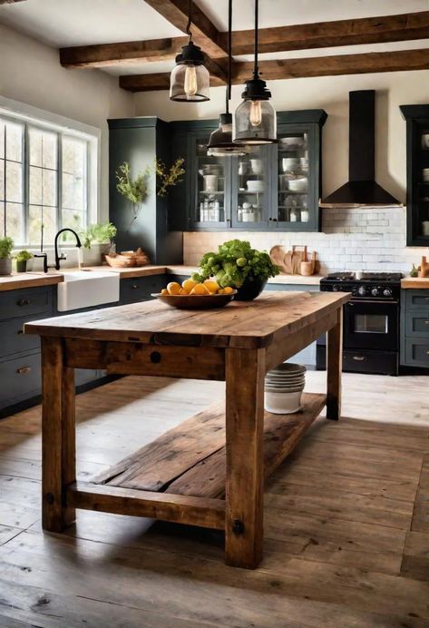 33 Modern Farmhouse Kitchen Ideas: Blending Rustic Charm with Contemporary Design 42 Modern Rustic With Color, Rustical Kitchen Ideas, Rustic Classy Home Decor, Rustic Wood Island Kitchen, Modern Farm Decor Ideas, Rustic Style Kitchen Ideas, Modern Ranch Kitchen Ideas, Modern Rustic Decor Kitchen, Modern Farm Interior Design