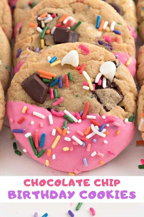 Easy to make chocolate chip cookies for any birthday celebration. These Birthday Cookies are the softest homemade chocolate chip cookies! They're dipped in chocolate and will remind of you a delicious birthday cake. These are the best funfetti cookies you'll ever bake! #dessert #recipes #decorated #happy #easy #simple #DIY #pink #ideas Decorated Birthday Cookies, Bake Dessert Recipes, Happy Birthday Cookie, Quick Cookies, Chocolate Chip Shortbread Cookies, Funfetti Cookies, Chocolate Dipped Cookies, Make Chocolate Chip Cookies, Homemade Chocolate Chips