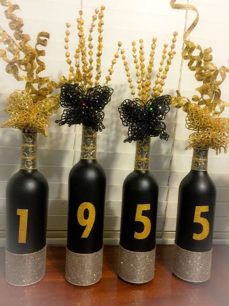 Wine Bottle Birthday Decorations, Black And Gold 80th Birthday Party, Bar Birthday Decorations, 70th Birthday Diy Decorations, 60 Year Old Birthday Centerpieces, Aged To Perfection Party Centerpieces, 30th Birthday Decoration Ideas At Home, 80 Th Birthday Party Ideas Table Decorations, Wine Bottle Crafts Birthday