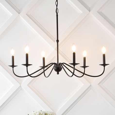 Based on historic wrought iron chandeliers, our rustic 6-light design features a quality finish. Black Chandelier Dining Room, Farmhouse Dining Room Light, Room With High Ceilings, Oil Rubbed Bronze Chandelier, Outdated Kitchen, Tall Candles, Modern Farmhouse Chandelier, French Country Chandelier, Tuscan Style Homes