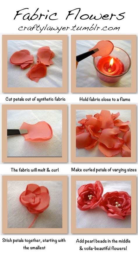 Easy Fabric Flowers. Simply cut petals out of synthetic fabric (ie. polyester), and melt edges to look like a real petal. Sew together, add pearl beads and that's it! craftylawyer.tumblr.com Fabric Flower Petals, Fabric Wedding Flowers, Flower Made Of Fabric, How To Make Petals With Fabric, Fabric Corsage Diy, How To Sew Pearls On Fabric, How To Make Flower With Cloth, How To Make Flowers Out Of Fabric, Make Flowers Out Of Fabric