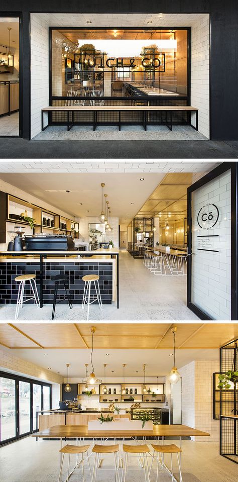 Biasol designed Hutch & Co, a cafe and restaurant in Melbourne, Australia, that combines black elements like window frames, tiles and metal work with light wood and white furniture, and concrete floors. Wood Cafe, Modern Coffee Shop, Café Design, Design Café, Plafond Design, 카페 인테리어 디자인, Coffee Shops Interior, Restaurant Lighting, Shop Layout