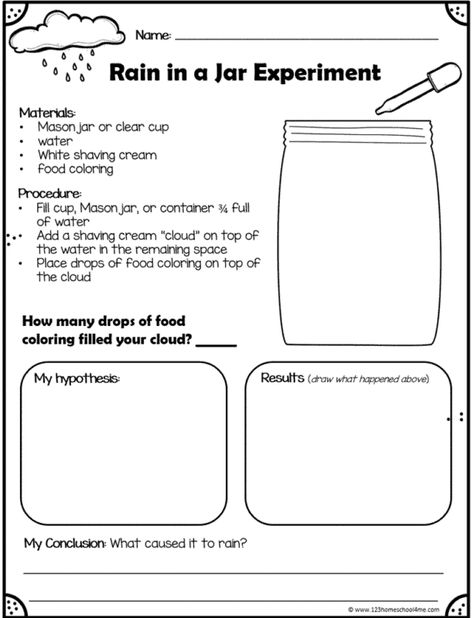 free printable rain cloud in a jar worksheet Rain In A Jar, Jar Worksheet, Rain Cloud In A Jar, First Grade Weather, Cloud In A Bottle, Clouds For Kids, Weather Experiments, Cloud In A Jar, Cloud Activities