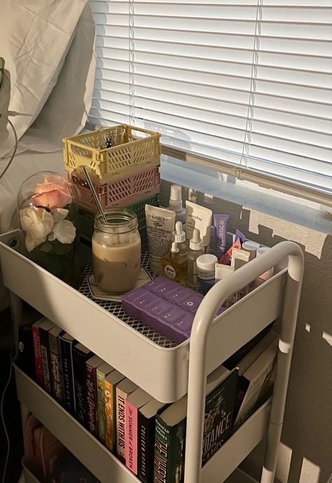 my book cart <3 Folding Storage Crate, Kitchen Classroom, Storage Crates, Dorm Bathroom, Book Cart, Organization Bathroom, Storage Crate, Uni Room, College Dorm Room Decor