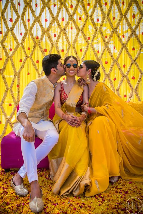 Spectacular Haldi Ceremony Looks of 20 Real Brides that we're Fancying over! | ShaadiSaga Haldi Theme Dress, Haldi Couple, Haldi Photoshoot, Haldi Ceremony Outfit, Haldi Decor, Bridesmaid Photoshoot, Delhi Wedding, Bridal Photography Poses, Desi Wedding Decor