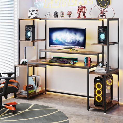 Hutch and Shelf, Modern Large Gaming Desk with Monitor Stand, Gamer Table Workstation for Home Office,Carbon Fiber Desktop (Rustic) Gamer Table, Hutch Black, Rustic Computer Desk, Desk With Monitor Stand, Desk With Monitor, Gaming Computer Desk, Shelf Modern, Writing Desk With Drawers, Desk With Hutch