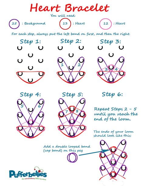 Rainbow Loom Heart Bracelet – Written Instructions – Pufferbellies Toys & Books Wonder Loom Patterns, Love Braid Rainbow Loom, Rainbow Loom Designs Step By Step, Rainbow Loom Heart Bracelet, Rainbow Loom Patterns Step By Step, Rainbow Loom Step By Step, Rainbow Loom Tutorials Step By Step, Rainbow Loom Bracelets Color Ideas, Loom Bands Instructions