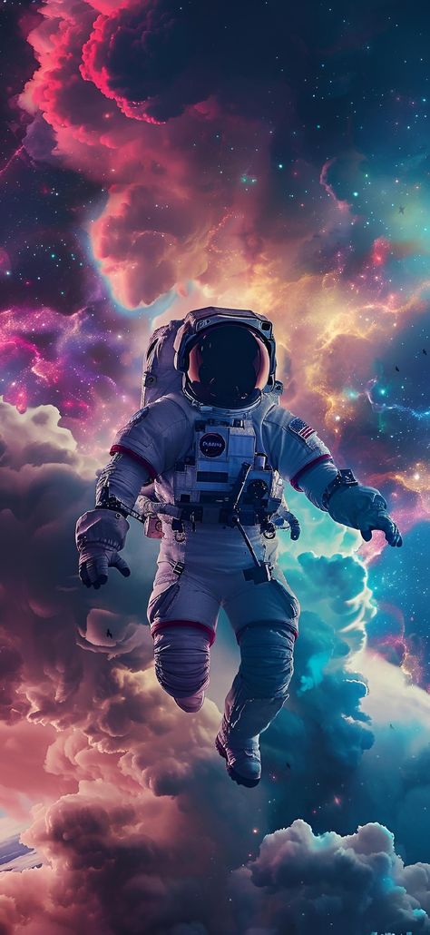 Dream away with this breathtaking art of an astronaut adrift among the stars against a mesmerizing nebula canvas. Perfect for space lovers! Save & follow for more cosmic wonders. Dive into a universe where vibrant pinks, blues, and purples paint a tale of exploration and mystery. Elevate your space with this art piece. #SpaceArt #Astronaut #Nebula #CosmicBeauty #ArtPrint #SaveAndFollow #ImagePrompt #AiImage Astronaut In Space Painting, Astronaut Iphone Wallpaper, Hd Space Wallpaper, Astronot Wallpaper, Sci Fi Astronaut, Cosmic Astronaut, Purple Astronaut, Cosmic Art Universe, Astronaut Art Illustration
