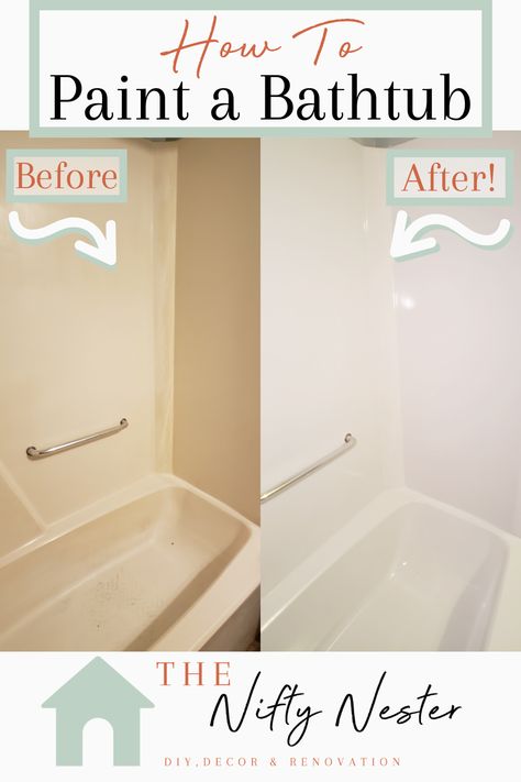 How To Paint A Shower Tub, Painting Fiberglass Tub, Can You Paint A Bathtub, Paint Fiberglass Tub, Bathtub Makeover Diy, Diy Tub Makeover, Old Bathtub Makeover, Diy Bathtub Makeover, Paint Bathtub