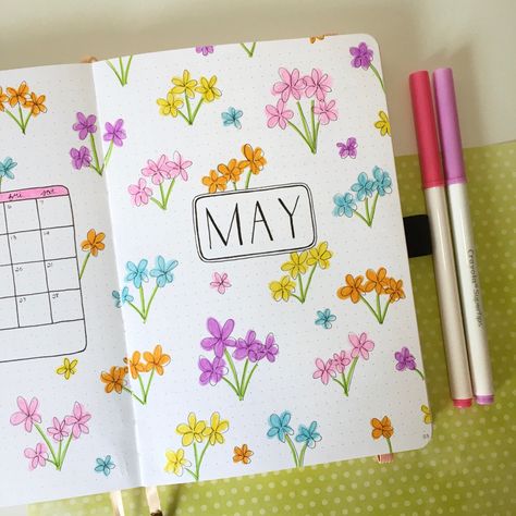 may spring floral bullet journal theme #bujo #bujoideas #bulletjournal #bulletjournaling #bulletjournalideas May 2024 Bullet Journal, May Scrapbook Page, May Page Bullet Journal, May Reading Journal, May Planner Theme, May Spreads Bullet Journal, May Doodles Bullet Journal, Journal Month Page May, May Calendar Bullet Journal