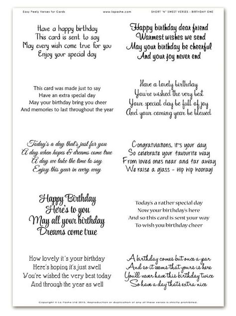 Easy Peely Short 'n' Sweet Verses Sheet 2 | Verses for cards, Birthday verses for cards, Card sayings Sweet Things To Write In A Birthday Card, Birthday Card Words What To Write In A, What To Put In A Birthday Card, Birthday Card Greetings Messages, Birthday Sentiments For Friends, Birthday Wishes Short And Sweet, Verses For Birthday Cards, Friend Verses, Birthday Card Verses