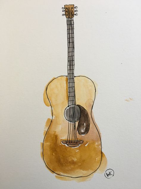 Guitar Pictures Drawing, Guitar Drawing Watercolor, Painted Guitars Ideas Easy, Watercolor Guitar Painting, Ukulele Watercolor, Watercolour Guitar, Watercolor Instruments, Guitar Watercolor Painting, Music Watercolor Painting