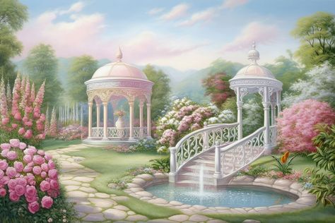 Painting of rose garden architecture outdoors nature. | free image by rawpixel.com Nature, Rose Garden Painting, Frontyard Landscape Layout, Garden Decorations Ideas, Colourful Plants, Artificial Wall, Gazebo Garden, Structure Paint, Grass Design