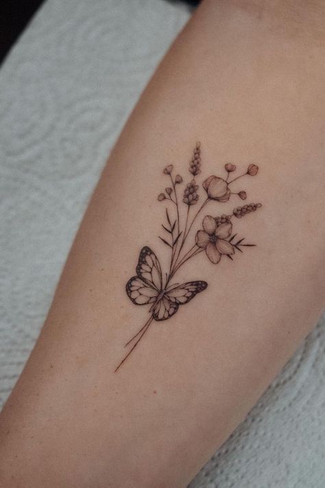 Dainty Empowering Tattoos, Simple Arm Tattoos For Women, Cute First Tattoos, Side Of Wrist Tattoo, Butterfly And Flower Tattoo, Tattoo Papillon, Bauch Tattoos, Small Forearm Tattoos, Butterfly Tattoos For Women