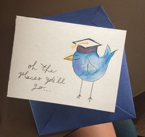 "Oh the places you'll go ..." homemade graduation greeting card. Bird with a cap, watercolor and pen Watercolor Graduation, Graduation Cards Handmade, Watercolour Cards, Oh The Places You'll Go, Grad Cards, Congrats Card, Karten Design, Envelope Art, 카드 디자인