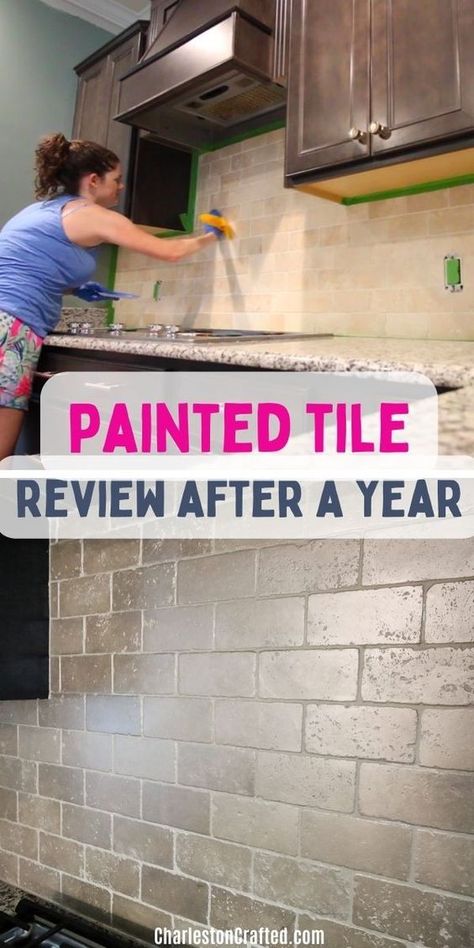 Considering painting tile in your home? Here is a review of our painted tile here at Charleston Crafted a year after doing it so you can decide if the painted tile lasts! Read our review and decide for yourself if you will take the plunge into this project! How To Paint Over Kitchen Tile Backsplash, Diy Painting Tile Backsplash, How To Paint Tile Backsplash Kitchen, Diy Paint Tile Backsplash, Painting Tile Kitchen Backsplash, Painted Wood Backsplash, Painting Ceramic Tile Backsplash Kitchen, Painting Tile Walls In Kitchen, Painting Ceramic Backsplash Tile