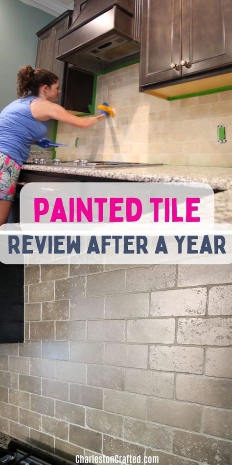 Considering painting tile in your home? Here is a review of our painted tile here at Charleston Crafted a year after doing it so you can decide if the painted tile lasts! Read our review and decide for yourself if you will take the plunge into this project! Diy Painting Tile Backsplash, Backsplash For Green Countertops, Painting Backsplash White, How To Paint Tile Backsplash Kitchen, Painting Tile Kitchen Backsplash, Painting Ceramic Tile Backsplash Kitchen, Diy Backsplash Kitchen Paint, Painting Tile Walls In Kitchen, Paint Wall Tiles Kitchen