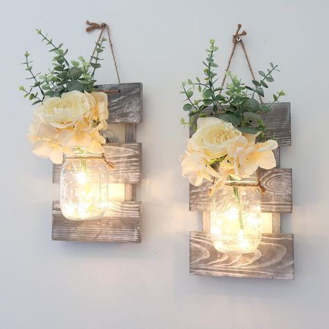 PRICES MAY VARY. FARMHOUSE WALL DECOR - Our rustic living room decor wall sconce wall sculptures is mounted on a natural wood piece with a patented back slot for an authentic farmhouse look. Each wooden sconce measures 11.8"H x 7.1"W. The smart remote-controlled wall hanging decor has a 6-hour timer, 8 light modes, and uses 3 AA batteries (not included). Wall decor living room The LED fairy lights turn on and off automatically after setting, adding warmth to your space while saving time and effo Farmhouse Wall Art Living Room, Country Living Room Decor, Living Room Decor Country, Bathroom Wall Decor Art, Rustic Farmhouse Living Room, Wall Scones, Living Room Decor Rustic, Family Wall Decor, Rustic Wall Sconces