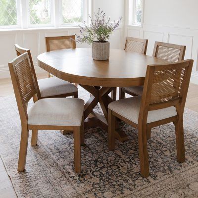 Buy details by Becki Owens Ivy 7-Piece Set with Table and Six Chairs : Dining Tables & Sets at SamsClub.com Essen, Southern Style Dining Room, Dining Room On A Budget, Dining Table With Different Color Chairs, Boho Dining Room Decor Bohemian, Dinjng Table, Coastal Round Dining Table, Big Round Dining Table, Dining Chair Ideas