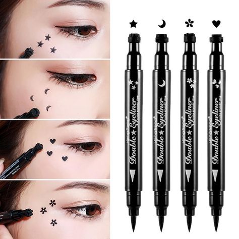 1 PCS with 2 Sides Trendy Black Waterproof Liquid Eyeliner Pencil Star Heart Shape Dot Stamp Tattoo Eye Makeup Glitter, Eyeliner Shapes, Stamp Tattoo, Alat Makeup, How To Do Eyeliner, Eyeliner Hacks, Eyeliner Products, Eyeliner For Beginners, Perfect Eyeliner