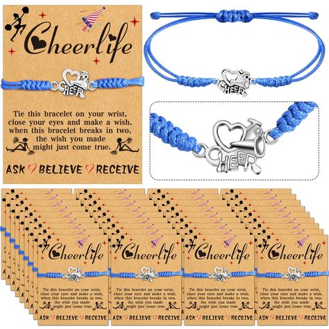 PRICES MAY VARY. 🌸Package You Receive: You'll receive 36 wrapped cheer gifts, each individually wrapped with a wish card and cheer bracelet, enough to share with your friends and family! 💖High Quality Material: Our cheer bracelets are woven with waxed yarn, strong and durable. Each bracelet comes with delicate alloy charms and cards to make the bracelet more charming 📐Size Adjustable: You can adjust the cheer bracelet according to the size of your hand, the bracelet size fits most wrists, sui 8th Grade Cheer Night Gifts, First Cheer Game Gift, Homecoming Gifts For Cheerleaders, Cheer Team Gift Ideas, Senior Night Gift Ideas Cheerleading, Cheerleader Gifts For Team, Cheer Gifts For Team Goody Bags, Cheerleading Gifts For Team, Senior Cheer Gifts