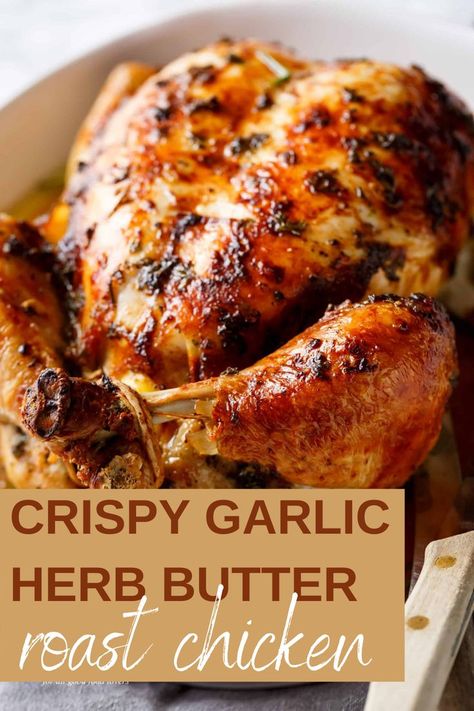 Crispy garlic herb butter roast chicken packed with unbelievable flavours, crispy skin, and so juicy! The perfect protein packed meal that can easily be turned into a meal prep and stored for the rest… More Spaghetti Lemon, Whole Chicken Recipes Oven, Baked Whole Chicken Recipes, Herb Chicken Recipes, Marinade Chicken, Whole Baked Chicken, Chicken Potpie, Wings Chicken, Crispy Garlic