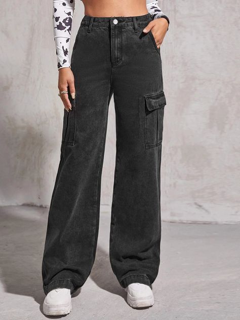 High Waist Flap Pocket Boyfriend Jeans | SHEIN USA Black Baggy Jeans Outfit, Baggy Jeans For Women, Black Boyfriend Jeans, Wide Leg Jeans Outfit, Boyfriend Jeans Outfit, Baggy Jeans Outfit, Black Jeans Women, Boyfriend Pants, Denim Jeans Fashion