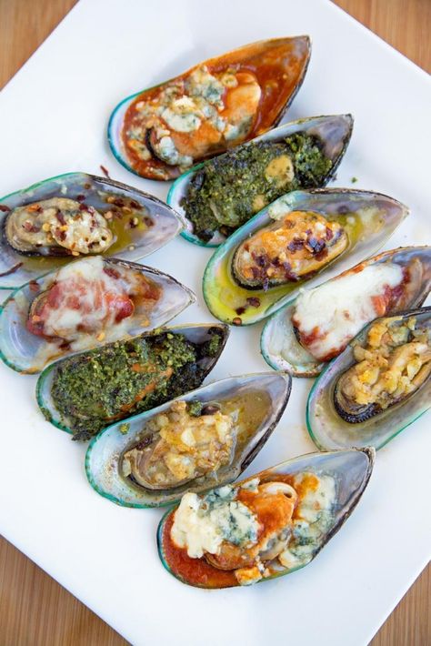 New Zealand Mussels 5 ways Mussel Recipes, Mussels Dinner Party, Fun Seafood Recipes, German Seafood Recipes, Grilled Oyster Recipes, Seafood Starters Ideas, Seafood Canapes, Mussles Recipe, Seafood Tapas