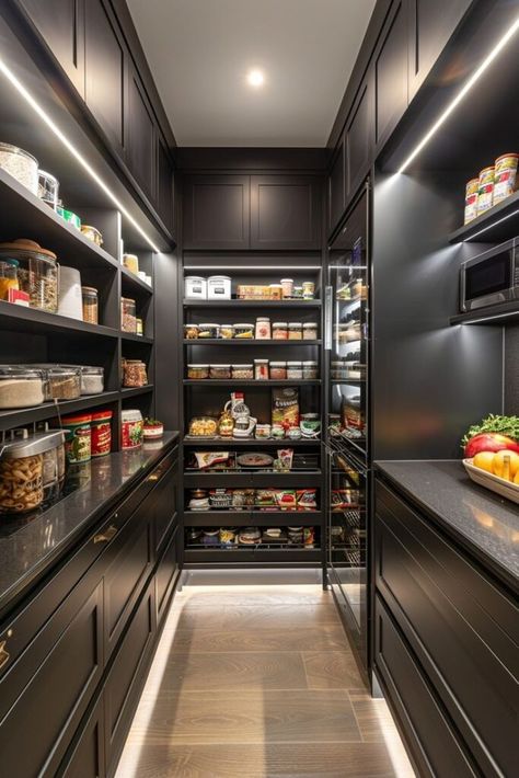 21+ Amazing Pantry Area Interior Designs: Inspiration for Your Home Walk In Pantry Luxury, Modern Home Kitchen Design, Kitchen With Large Pantry, Dream House Kitchen Aesthetic, Dark Butlers Pantry, Aesthetic Pantry Ideas, Kitchen And Pantry Design, Large Walk In Pantry Ideas, Snack Pantry Ideas