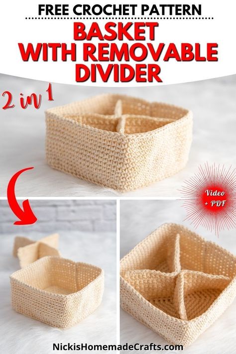 Learn to crochet this beginner friendly basket with removable dividers pattern. Cotton Basket with hardened to be sturdy with glue and water. This free crochet pattern comes with an ebook, pdf and video tutorial for crochet beginners. Great crochet beginner pattern to make last minute gifts for the Christmas and Holiday Season. Crochet Beginner Pattern, Welcome Home Basket, Basket Crochet Pattern, Crochet Beginners, Kitchen Crochet, Cotton Basket, Crochet Beginner, Crochet Baskets, Basket Crochet