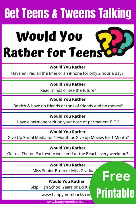 Best Would You Rather Questions for Teens & Tweens PDF | Happy Mom Hacks Questions For Teens, Best Would You Rather, Journal Prompts For Teens, Funny Would You Rather, School Party Games, Teen Bible Study, Fun Holiday Games, One Minute Games, Would You Rather Game