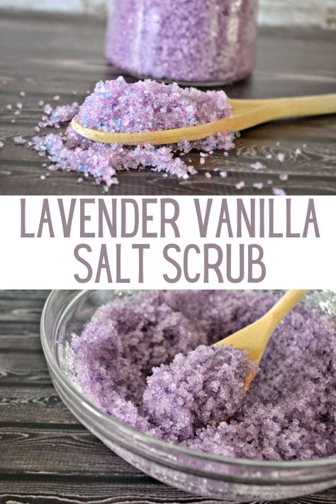 Lavender Vanilla Salt Scrub #DIY. Make your own salt scrub. Bath salts. Lavender bath scrub. How to make salt scrub. Sea Salt Scrub Diy Homemade, Salt Scrubs Homemade, Essential Oil Salt Scrub Recipe, Lavender Salt Scrub Diy, Lavender Salt Scrub, Diy Salt Scrub Recipe Homemade, Diy Sea Salt Scrub, Lavender Sugar Scrub Recipe, How To Make Salt Scrub