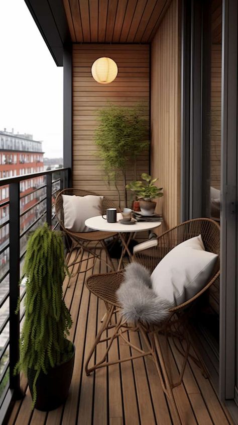 Optimize your small apartment patio with small apartment patio design inspirations. Explore budget-friendly decor ideas for a stylish and inviting outdoor haven. Narrow Balcony Garden, Long Narrow Balcony Ideas Apartment, Narrow Terrace Ideas, Apartment Backyard Ideas Small Spaces, Japandi Balcony Design, Long Narrow Balcony Ideas, Dark Balcony, Balcony Sitting Area, Modern Balcony Furniture