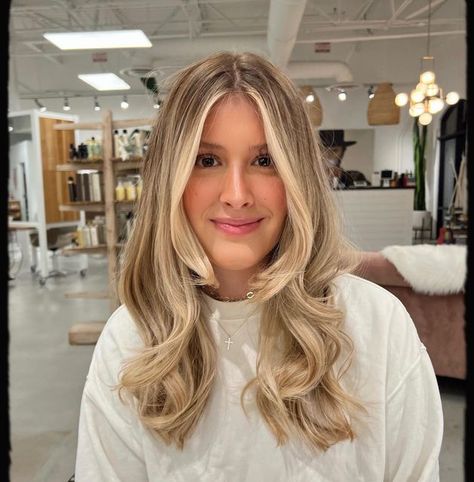 Hannah | Balayage + Extensions on Instagram: "The prettiest dimensional honey blonde 🤍 - She came in mostly solid blonde and wanted more of a natural fall blonde. We did all lowlights and brought up her face framing (of course). 👉🏼Swipe over to see the before when she was a full highlight. - Blowout style using the @bioprogramming.international Hairbeauron 7D plus curl from @beautytechdistribution • • • • #honeyblode #naturalhair #rootyblonde #hairgoals #beforeandafter #natural #healthyhair Balayage, Blonde Highlights And Face Frame, Blonde Hair With Lowlights And Highlights Face Framing, Blonde Highlights Honey Golden, Dimensial Blonde, Natural Low Maintenance Blonde, Honey Blonde Face Framing Highlights, Honey Blonde Full Highlights, Creamy Dimensional Blonde