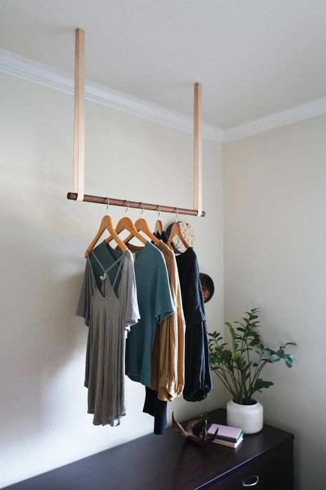 Suspended Garment Rack by Keyaiira | leather + fiber | Wescover Storage Laundry Room Drying, Laundry Room Drying Rack, Curtain Rod Holders, Garment Rack, Leather Wall, Hanging Bar, Clothes Rail, Installing Cabinets, Garment Racks