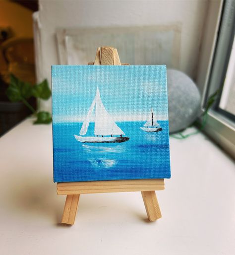 A beautiful sailing boat mini canvas painting, the inspiration for this piece is the sea, finished with a layer of satin varnish to bring the colours to life. Bring some nature into the room with this acrylic painting.  The easel is included. Looking for the perfect painting for a home office, living room or as a gift? Look no further! You will receive a high quality acrylic painting. If you require a personalised/custom paint, please contact me. RETURNS There is a 30 day returns policy. Please Nature, 8x10 Painting, Canvas Abstract Painting, Small Canvas Paintings, Sailing Boats, Christmas Tree Painting, Mini Painting, Sailing Boat, Ideas Painting