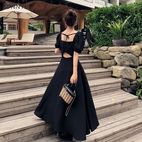 Short Sleeve Dress Women Classy Clothes Party Dresses Solid Vintage Temperament A-Line Chic Elegant All-Match Square Collar Midi Black-L Classy Maxi Dress, Spring Outfits Dresses, French Dress, Women Dresses Classy, Female Clothing, Puff Sleeve Dresses, Black High Waist, Dress Gift, Chic Vintage