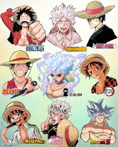 onepiece naruto bleach dbz jojo mha demonslayer csm One Piece X Bleach, One Piece Art Style, A2t Will Draw, Dbz Fanart, One Piece Style, Cute Drawlings, Gear 5, One Piece Ace, One Piece Funny