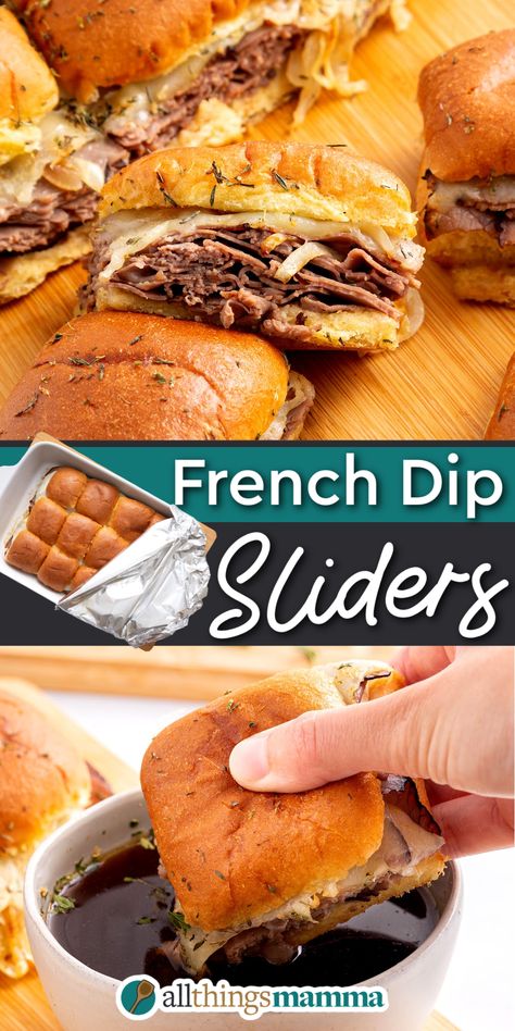 French Dip Sliders 2-image collage Hawaiian Rolls Dinner Ideas, Roast Beef French Dip Sliders, Roast Beef Provolone Sliders, Finger Foods For Tea Parties, French Dip Sandwich Blackstone, French Dip Sliders Recipes, Easy French Dip Sliders Hawaiian Rolls, Kings Hawaiian French Dip Sliders, Easy Game Day Sliders