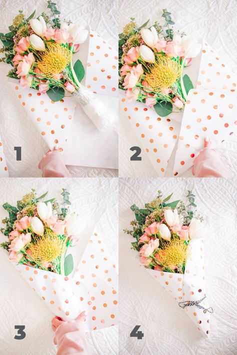 Step By Step - How to Wrap a Bouquet Like a Pro #wrap #bouquet #howto #tutorial #flowers Diy Flower Wrap Bouquet, Flower Bouquets Wrapped In Paper, Paper Wrapped Flower Bouquet, How To Give Flowers As A Gift, Flowers In A Gift Bag, How To Paper Wrap Flowers, How To Make A Gift Bouquet, Paper To Wrap Flowers, Arm Bouquet Wrapped